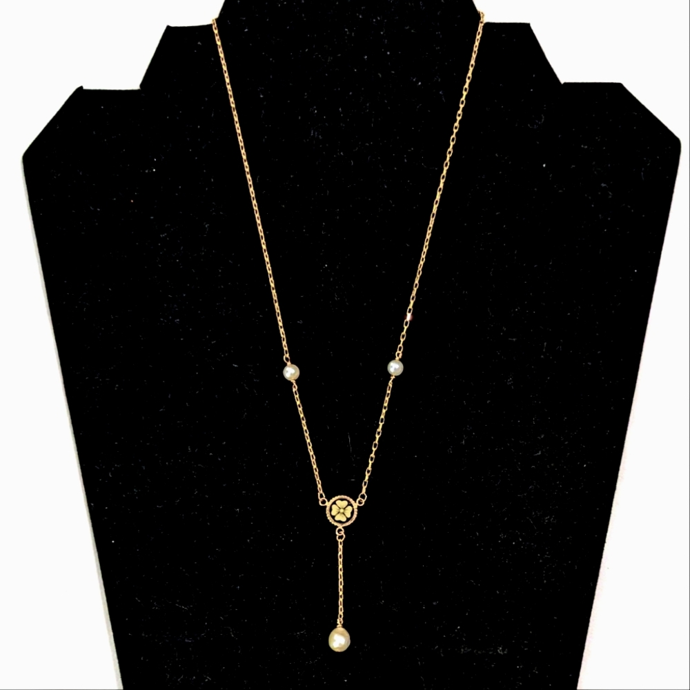 Antique Italian 14K Gold Flower Cameo & Pearl Necklace – 17” Dainty Drop